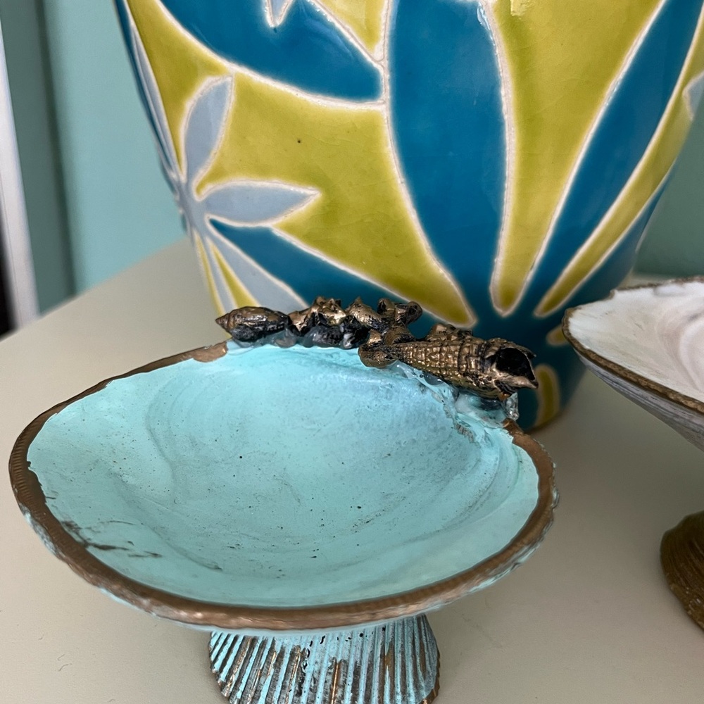 Seashell Ring Dish, handmade, Florida clam shell, turquoise + bronze